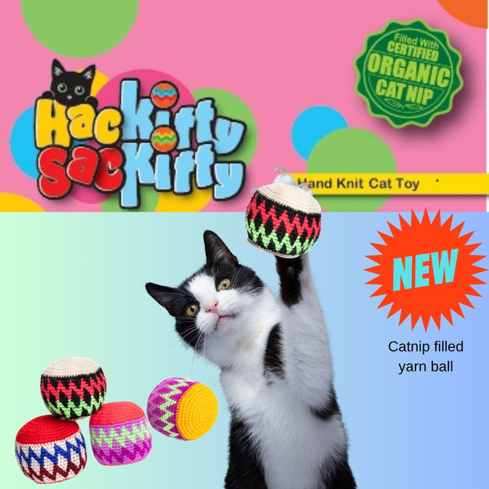 Catnip filled yarn ball toy with colorful zigzag pattern, featuring the brand 'Hack Kitty Sack Kitty' on a pink and blue background.