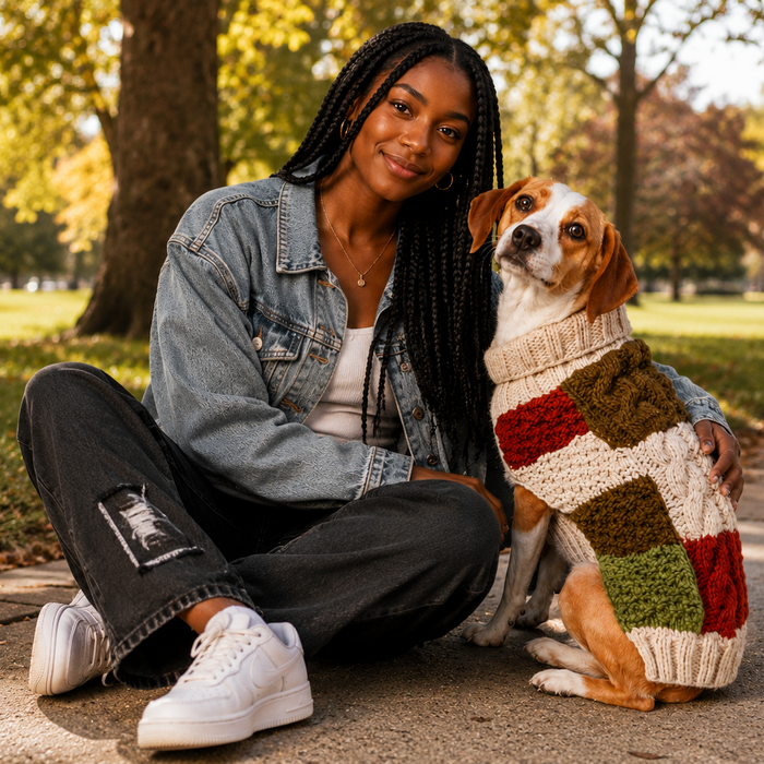 Woman sitting with a dog wearing a colorful sweater in a park