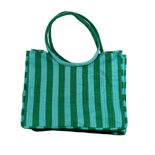 Twinflower Green & Aqua Striped Round Handle Quilted Tote Bag - Precious Sparkle